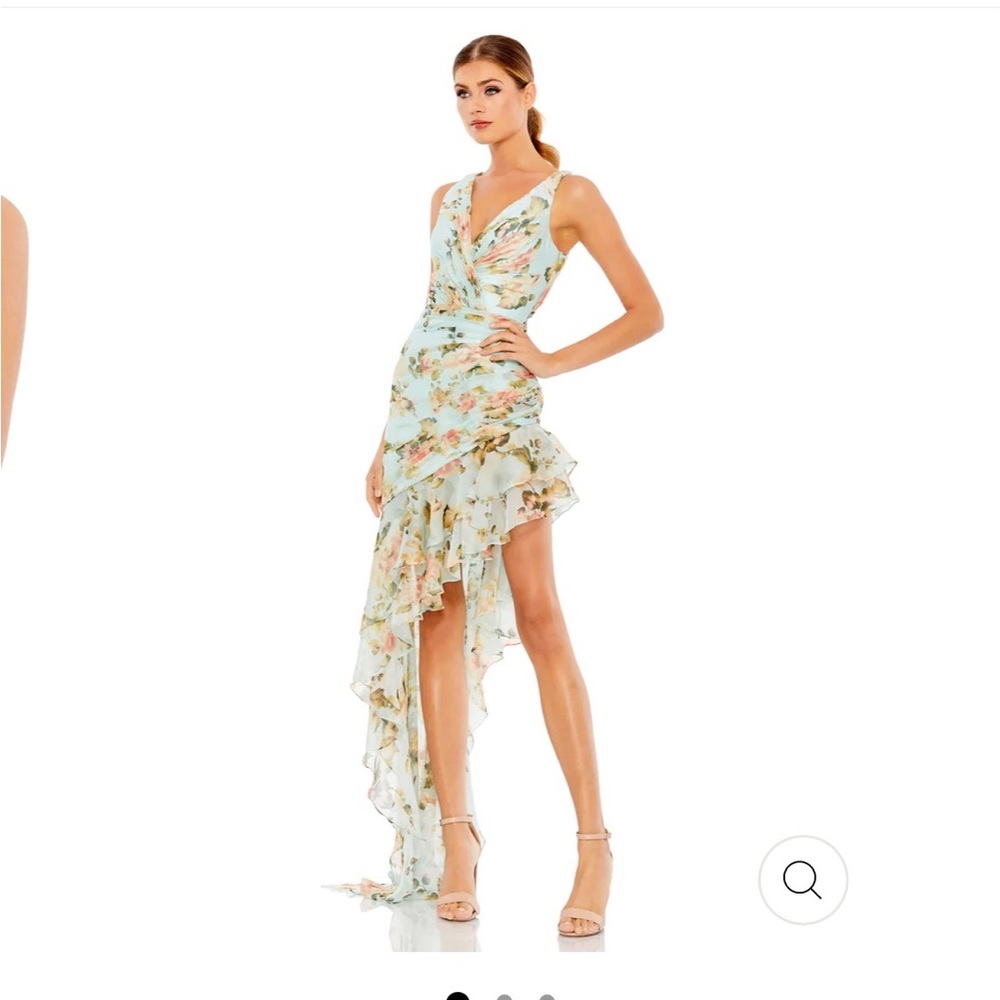 Mac Duggal FLORAL PRINT ASYMMETRICAL HEM RUCHED DRESS